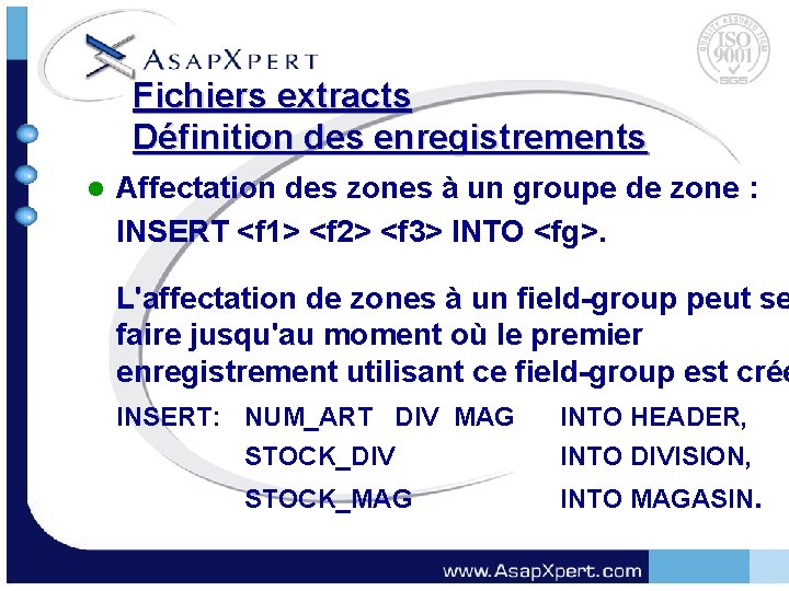 Fichiers extracts Définition des enregistrements l Affectation des zones à un groupe de zone