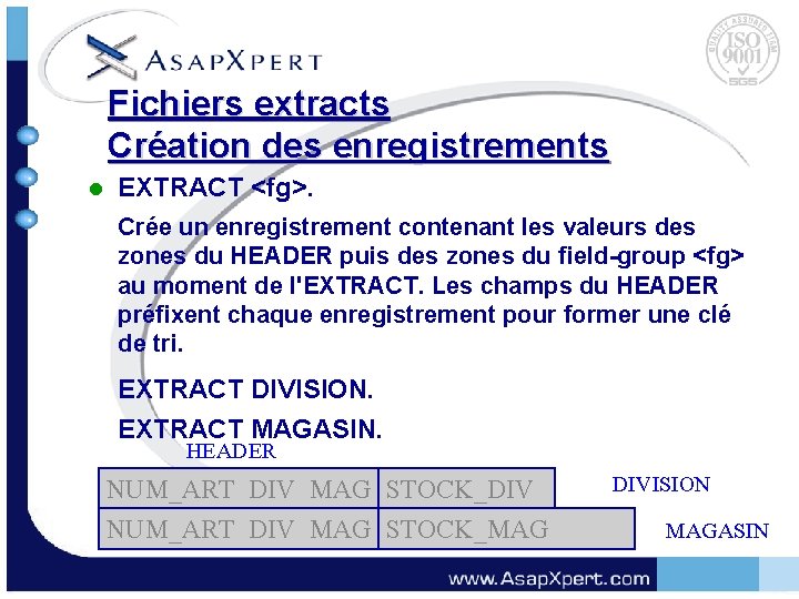 Fichiers extracts Création des enregistrements l EXTRACT <fg>. Crée un enregistrement contenant les valeurs