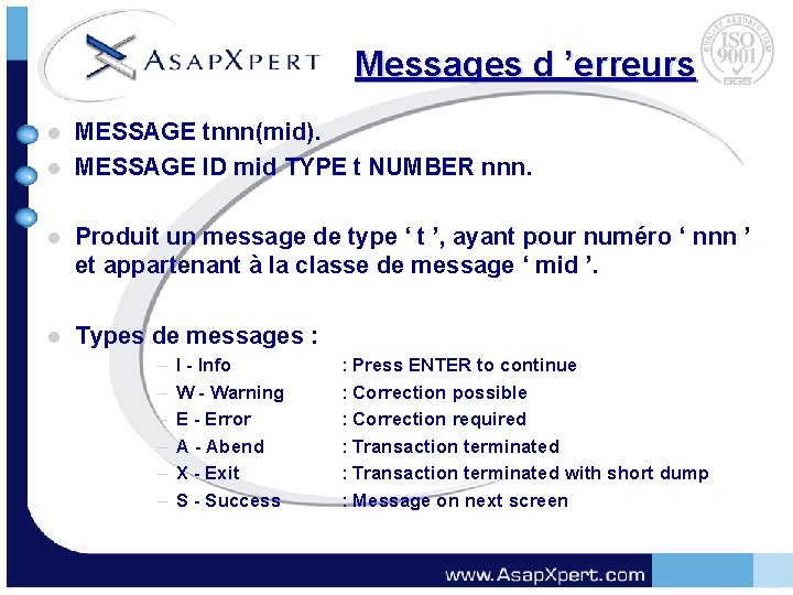 Messages d ’erreurs l l MESSAGE tnnn(mid). MESSAGE ID mid TYPE t NUMBER nnn.