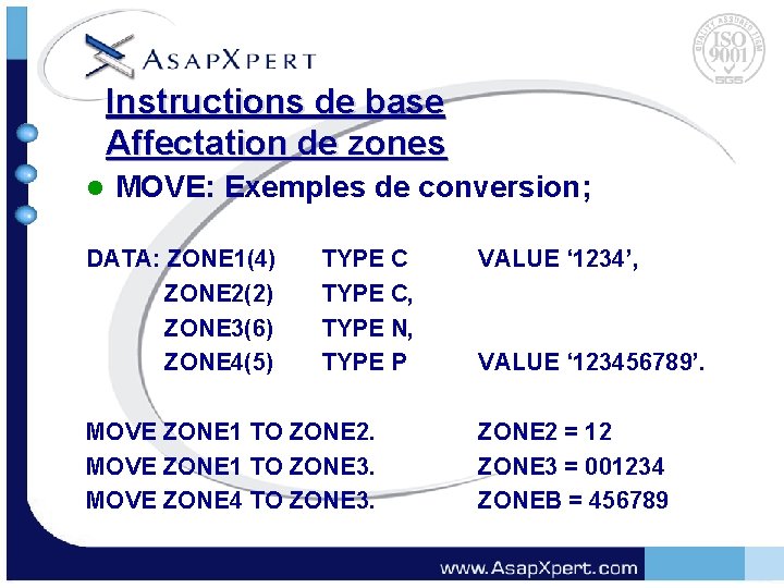 Instructions de base Affectation de zones l MOVE: Exemples de conversion; DATA: ZONE 1(4)