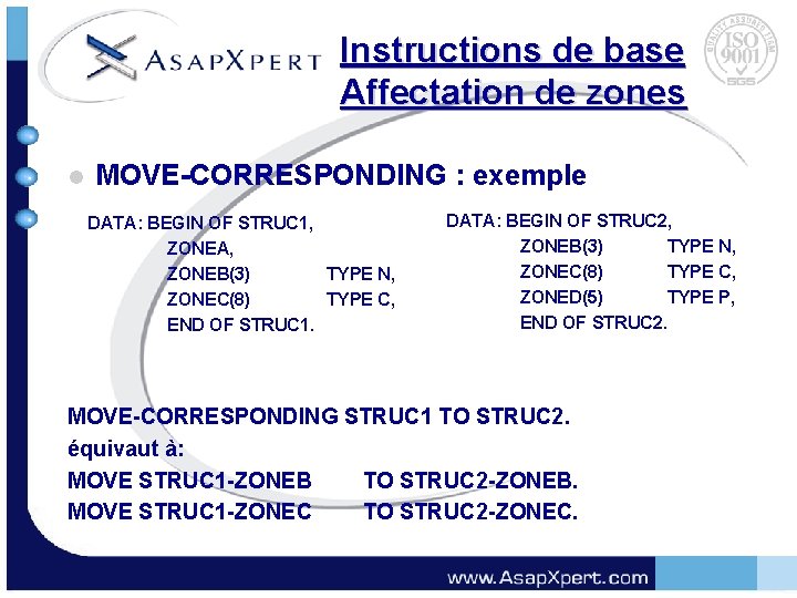 Instructions de base Affectation de zones l MOVE-CORRESPONDING : exemple DATA: BEGIN OF STRUC