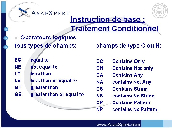 Instruction de base : Traitement Conditionnel Opérateurs logiques tous types de champs: l EQ