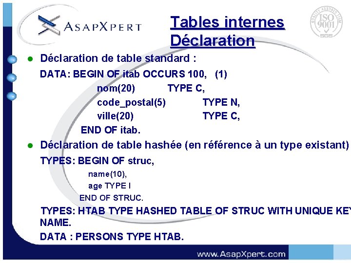 Tables internes Déclaration l Déclaration de table standard : DATA: BEGIN OF itab OCCURS
