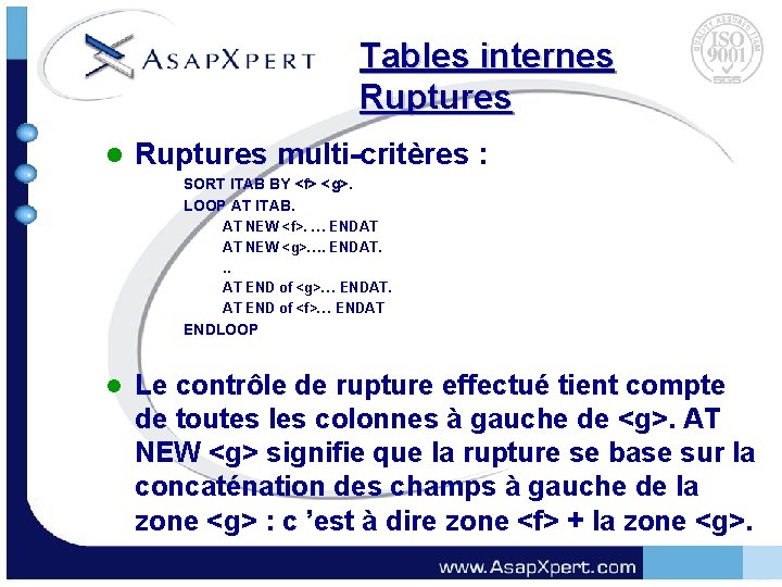 Tables internes Ruptures l Ruptures multi-critères : SORT ITAB BY <f> <g>. LOOP AT