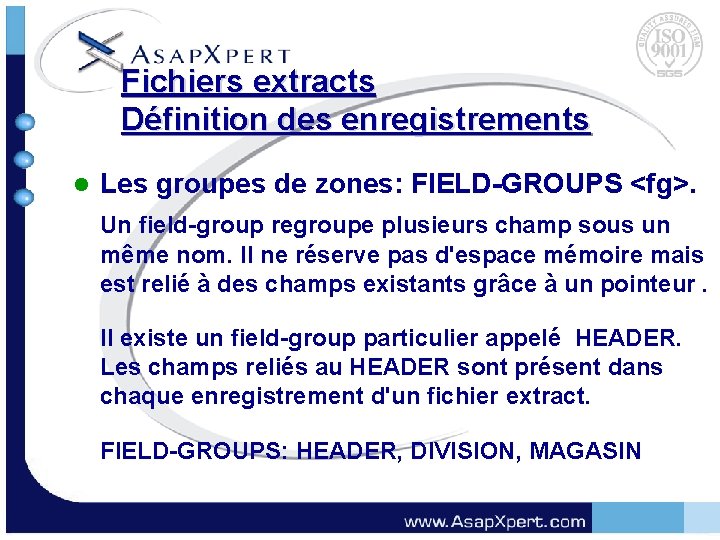 Fichiers extracts Définition des enregistrements l Les groupes de zones: FIELD-GROUPS <fg>. Un field-group