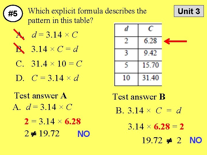 #5 Which explicit formula describes the pattern in this table? Unit 3 A. d