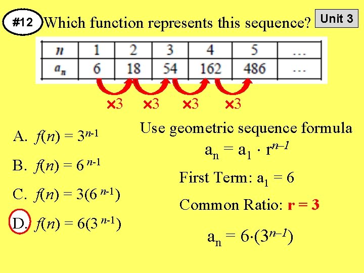 #12 Which function represents this sequence? 3 A. f(n) = 3 n-1 B. f(n)