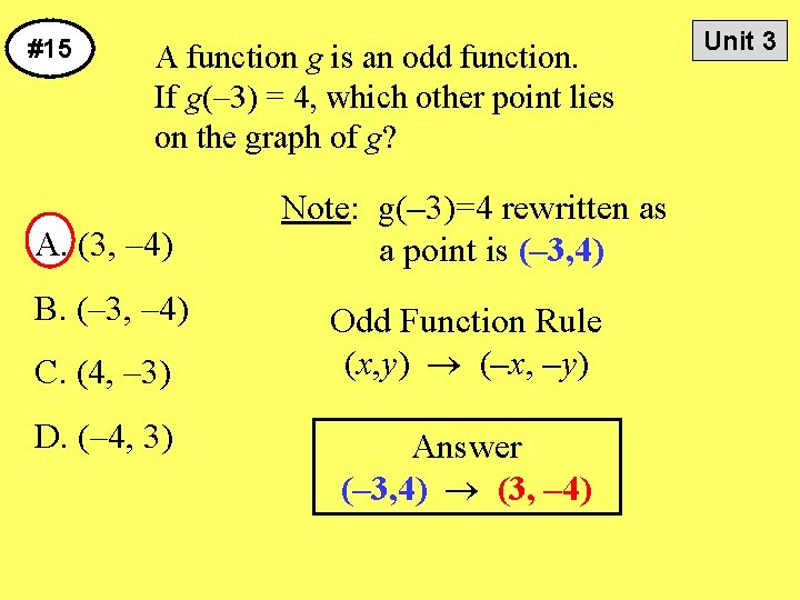 #15 A function g is an odd function. If g(– 3) = 4, which