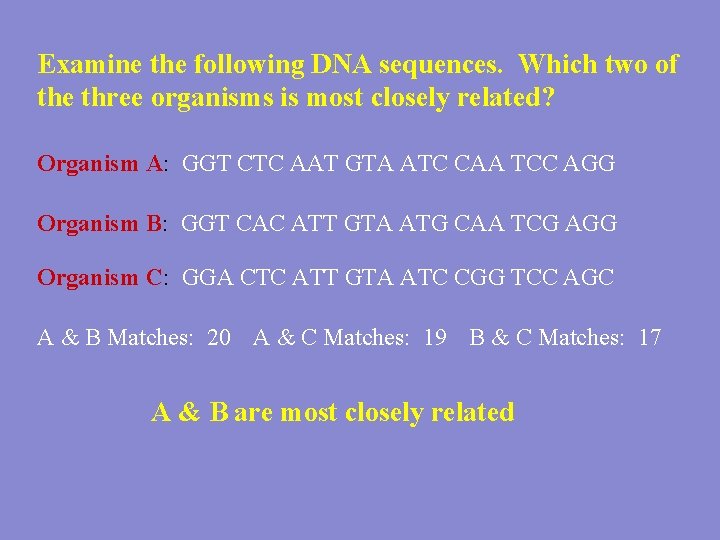 Examine the following DNA sequences. Which two of the three organisms is most closely