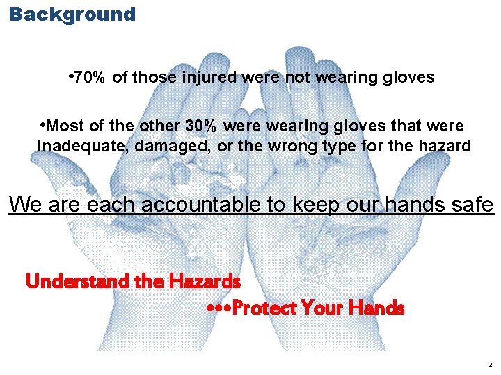 Background • 70% of those injured were not wearing gloves • Most of the