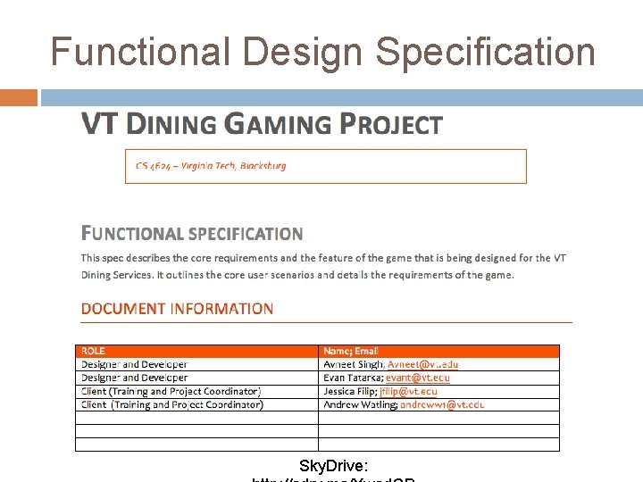 Functional Design Specification Sky. Drive: 