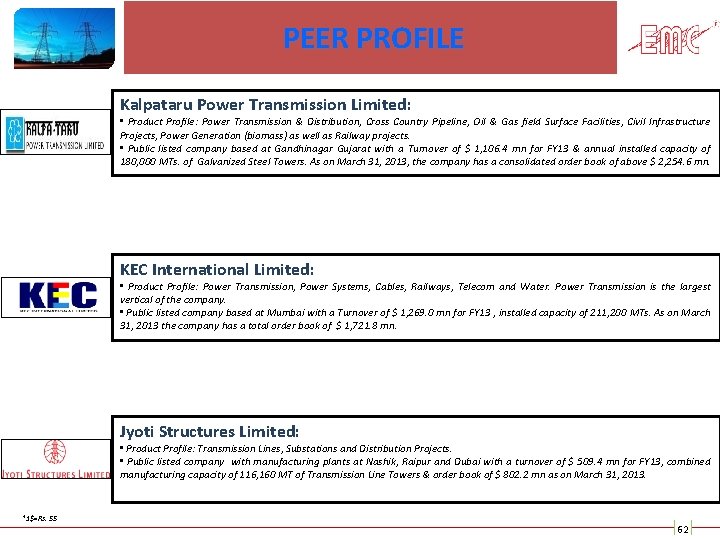 PEER PROFILE Kalpataru Power Transmission Limited: • Product Profile: Power Transmission & Distribution, Cross