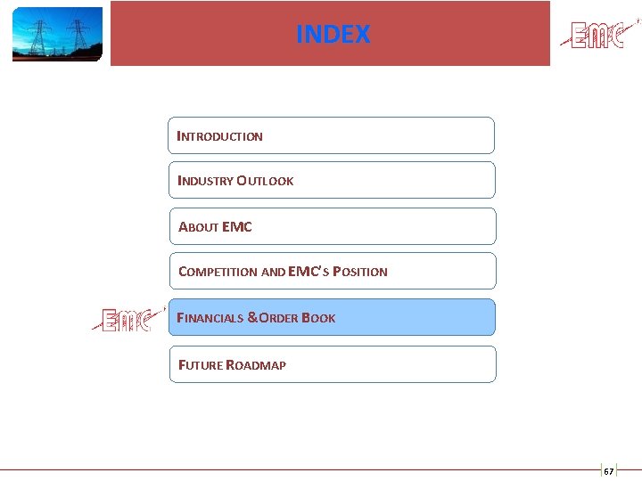 INDEX INTRODUCTION INDUSTRY OUTLOOK ABOUT EMC COMPETITION AND EMC’S POSITION FINANCIALS & ORDER BOOK