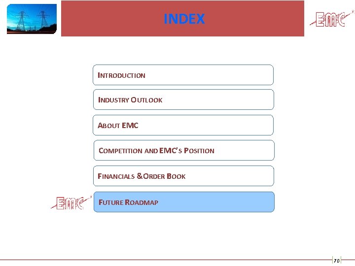 INDEX INTRODUCTION INDUSTRY OUTLOOK ABOUT EMC COMPETITION AND EMC’S POSITION FINANCIALS & ORDER BOOK