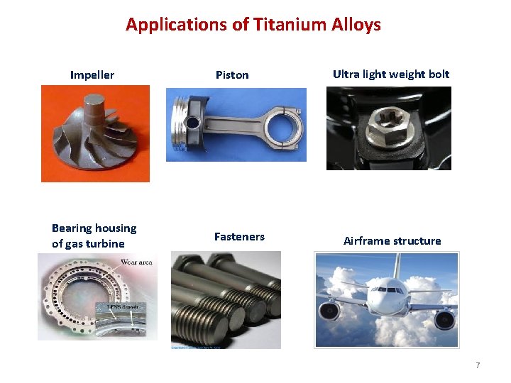 Applications of Titanium Alloys Impeller Bearing housing of gas turbine Piston Fasteners Ultra light