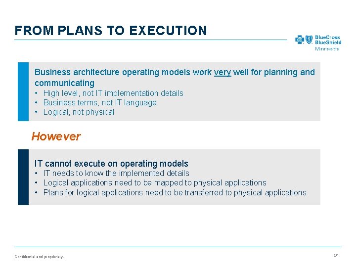 FROM PLANS TO EXECUTION Business architecture operating models work very well for planning and