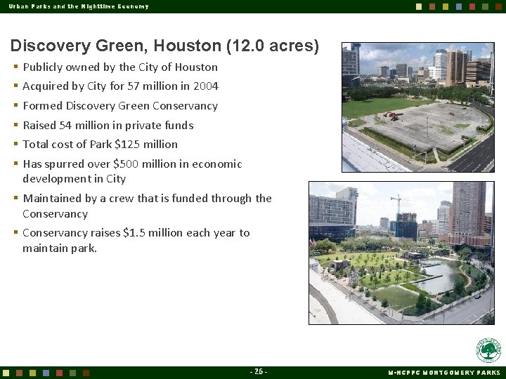 Urban Parks and the Nighttime Economy Discovery Green, Houston (12. 0 acres) § §