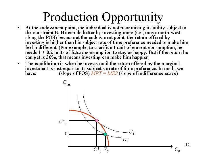 Production Opportunity • • At the endowment point, the individual is not maximizing its