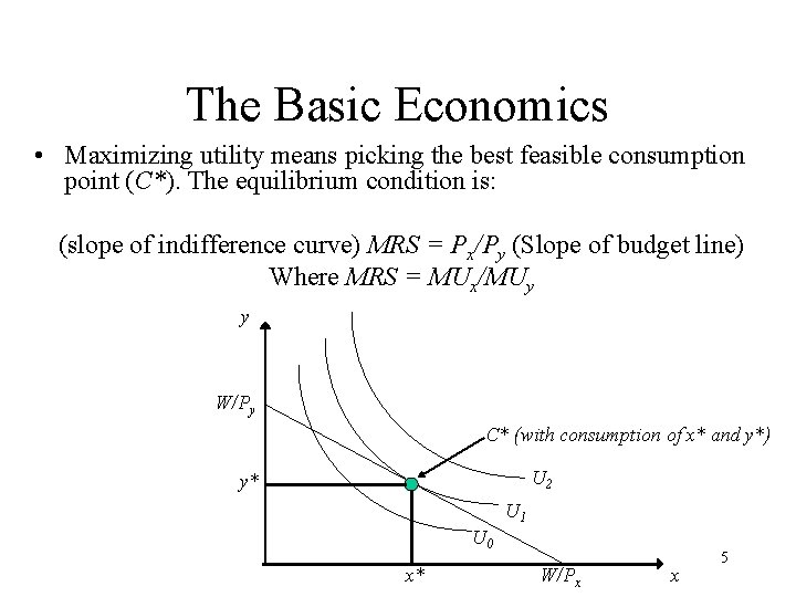 The Basic Economics • Maximizing utility means picking the best feasible consumption point (C*).