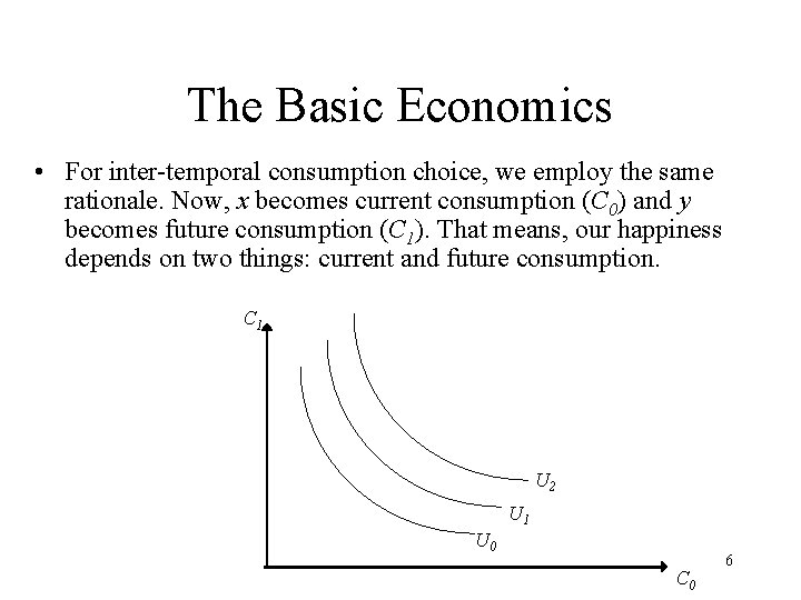 The Basic Economics • For inter-temporal consumption choice, we employ the same rationale. Now,