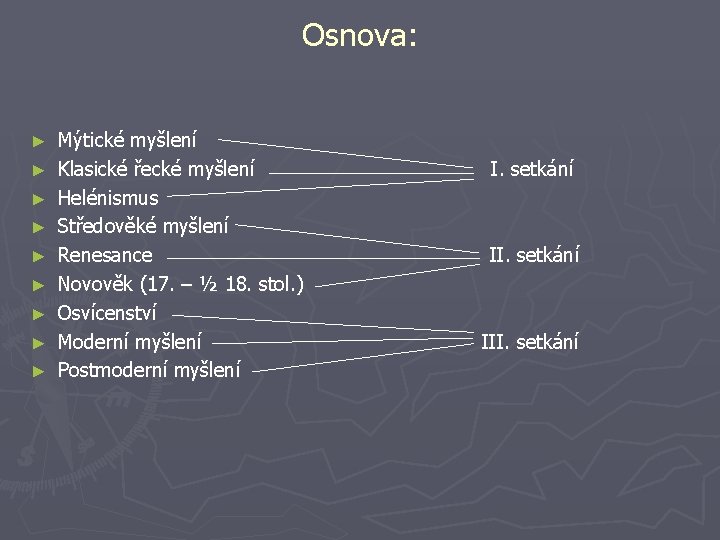 Osnova: ► ► ► ► ► Mýtické myšlení Klasické řecké myšlení Helénismus Středověké myšlení