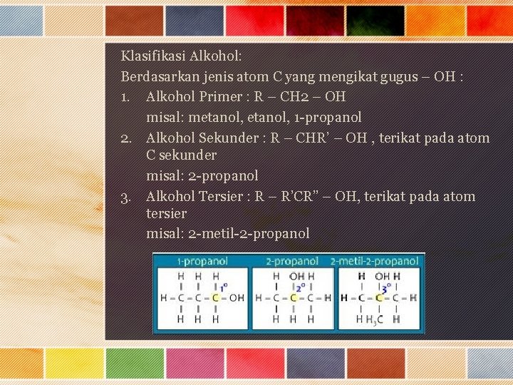 Klasifikasi Alkohol: Berdasarkan jenis atom C yang mengikat gugus – OH : 1. Alkohol