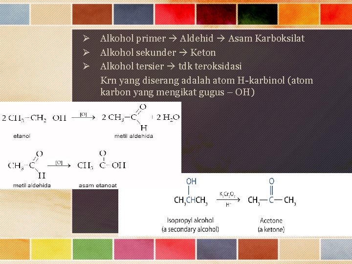 Ø Alkohol primer Aldehid Asam Karboksilat Ø Alkohol sekunder Keton Ø Alkohol tersier tdk