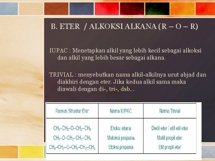 B. ETER / ALKOKSI ALKANA (R – O – R) IUPAC : Menetapkan alkil