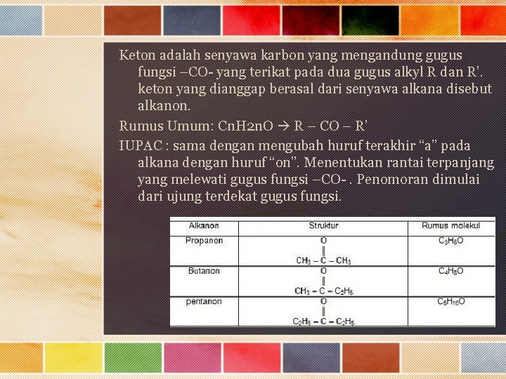 Keton adalah senyawa karbon yang mengandung gugus fungsi –CO- yang terikat pada dua gugus