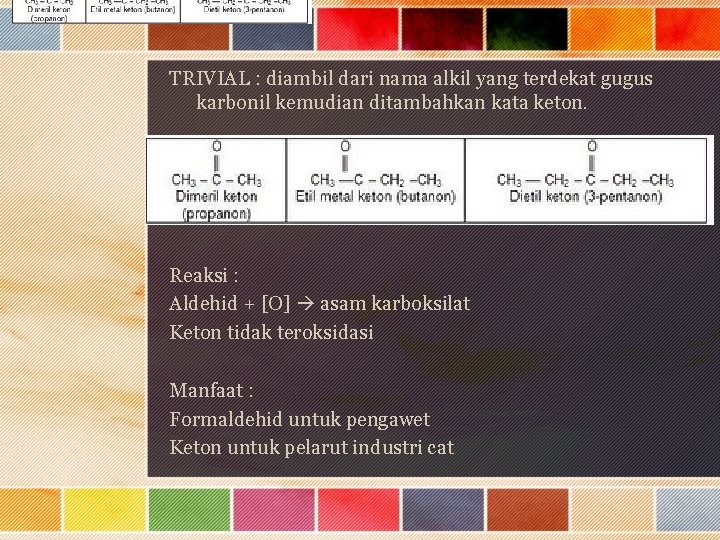 TRIVIAL : diambil dari nama alkil yang terdekat gugus karbonil kemudian ditambahkan kata keton.