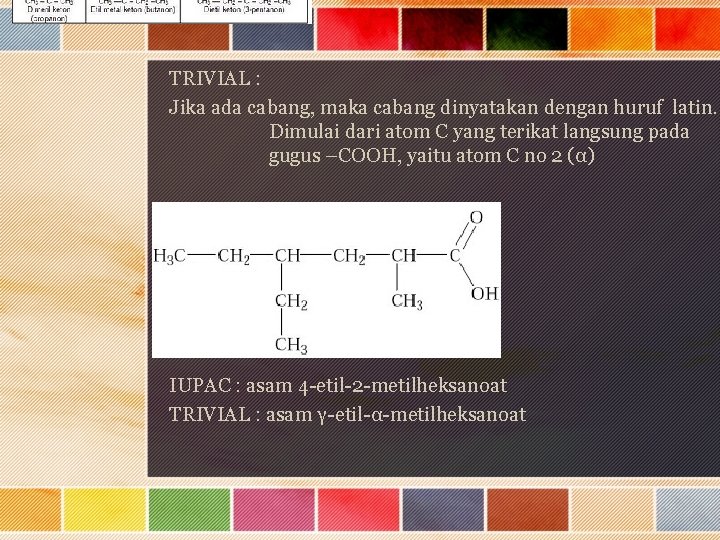 TRIVIAL : Jika ada cabang, maka cabang dinyatakan dengan huruf latin. Dimulai dari atom