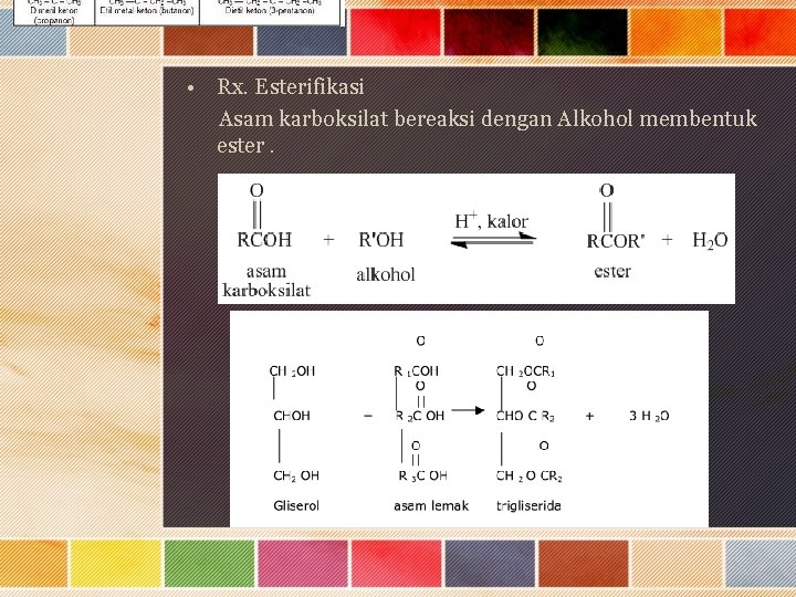  • Rx. Esterifikasi Asam karboksilat bereaksi dengan Alkohol membentuk ester. 