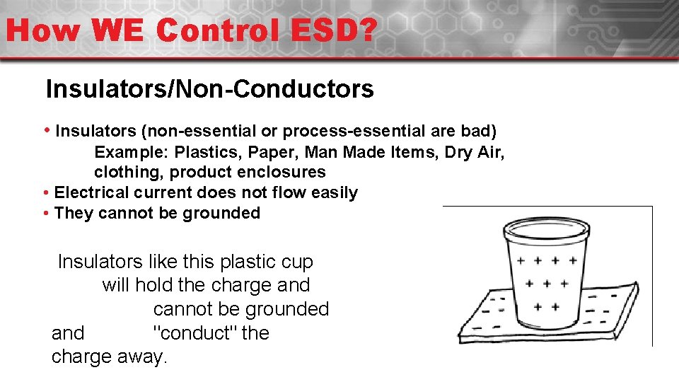 How WE Control ESD? Insulators/Non-Conductors • Insulators (non-essential or process-essential are bad) Example: Plastics,