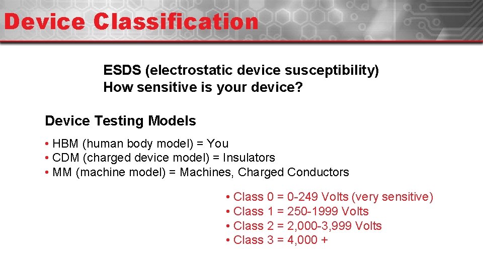 Device Classification ESDS (electrostatic device susceptibility) How sensitive is your device? Device Testing Models