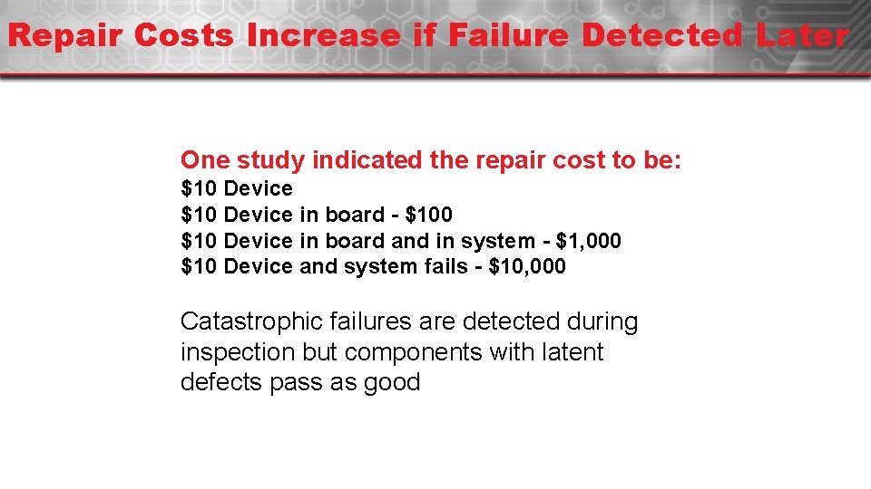 Repair Costs Increase if Failure Detected Later One study indicated the repair cost to