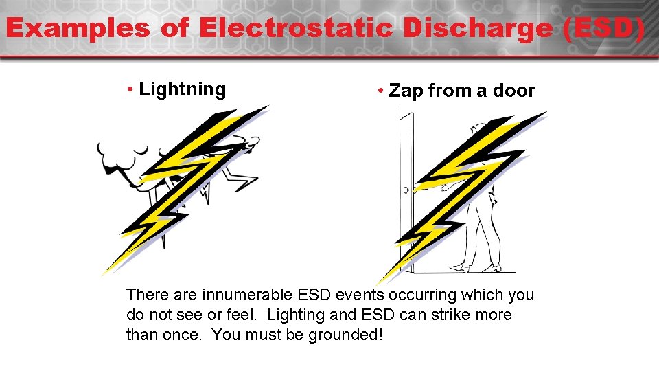 Examples of Electrostatic Discharge (ESD) • Lightning • Zap from a door There are