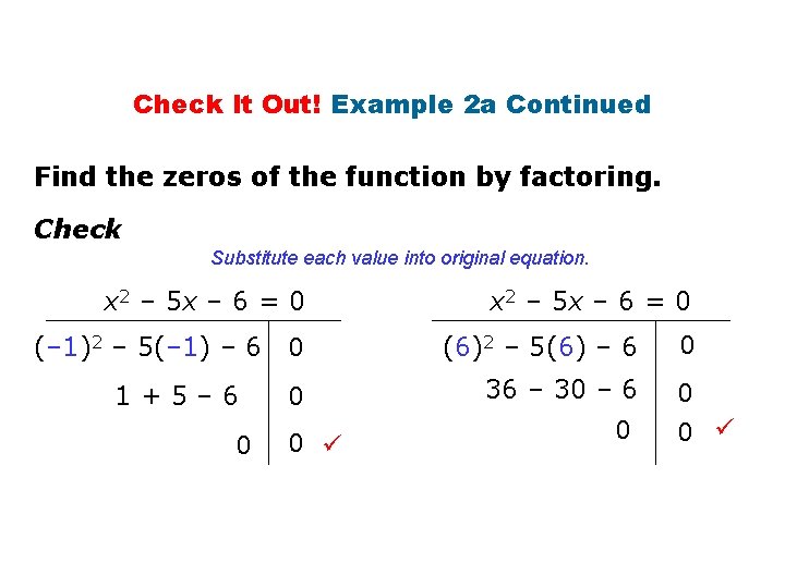 Check It Out! Example 2 a Continued Find the zeros of the function by