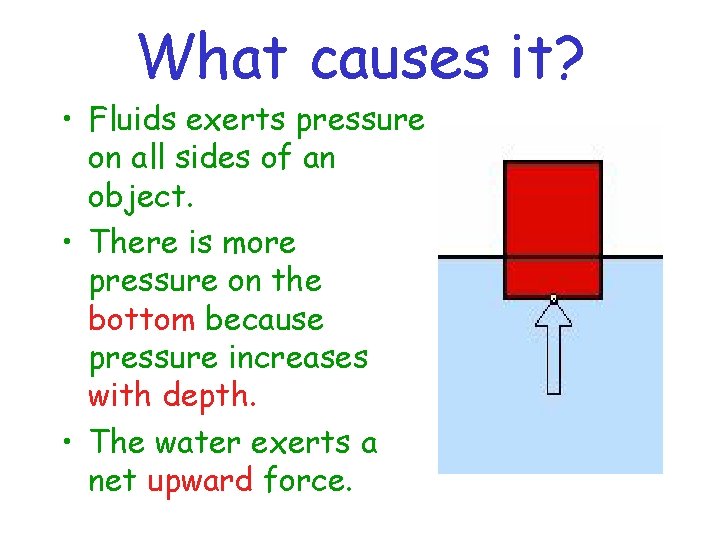 What causes it? • Fluids exerts pressure on all sides of an object. •