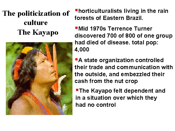 The politicization of horticulturalists living in the rain forests of Eastern Brazil. culture Mid