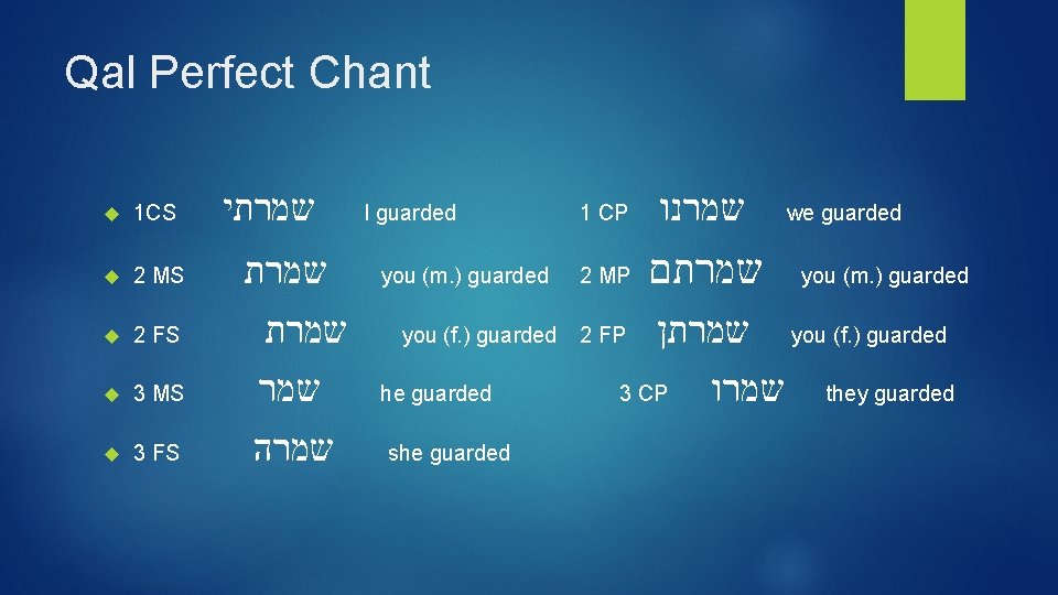 Qal Perfect Chant שמרתי 1 CS 2 MS שמרת I guarded you (m. )