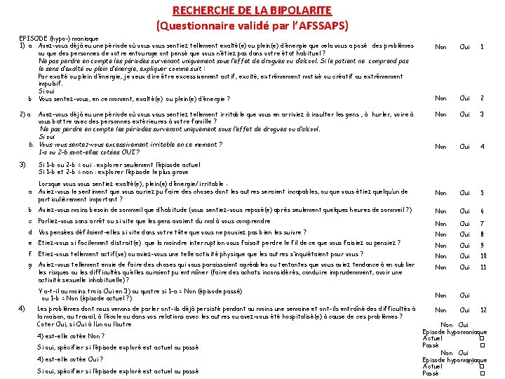 RECHERCHE DE LA BIPOLARITE (Questionnaire validé par l’AFSSAPS) EPISODE (hypo-) maniaque 1) a Avez-vous