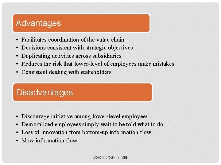 Advantages • • • Facilitates coordination of the value chain Decisions consistent with strategic