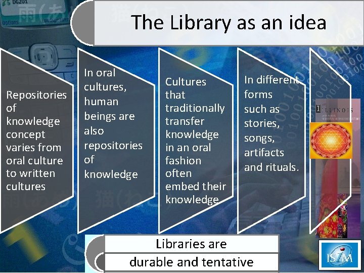 The Library as an idea Repositories of knowledge concept varies from oral culture to