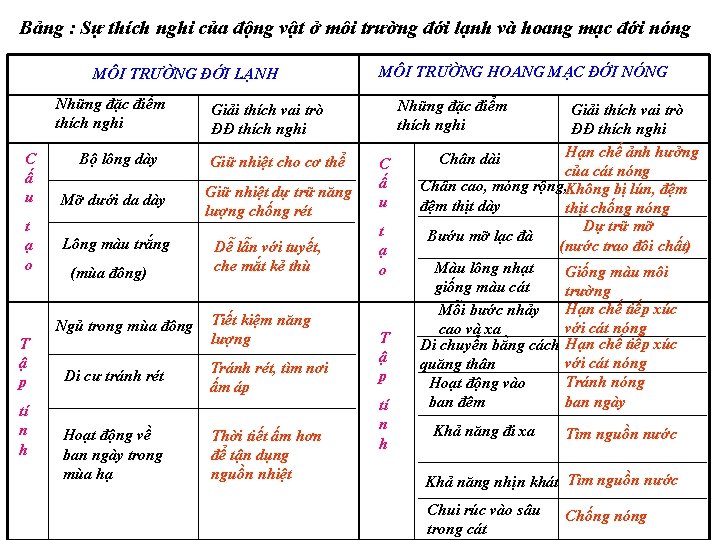 Bảng : Sự thích nghi của động vật ở môi trường đới lạnh và