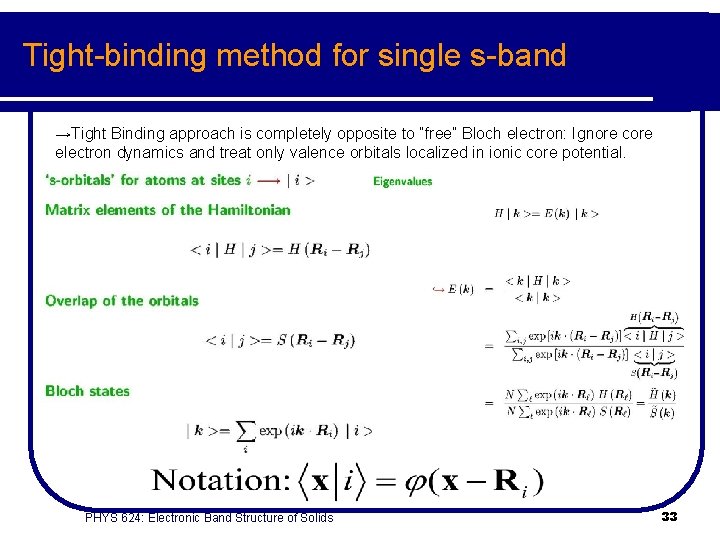 Tight-binding method for single s-band →Tight Binding approach is completely opposite to “free” Bloch