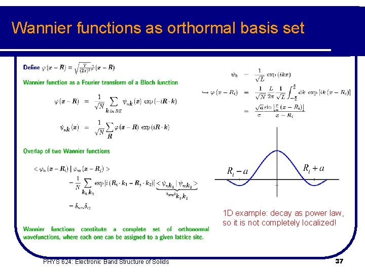 Wannier functions as orthormal basis set 1 D example: decay as power law, so