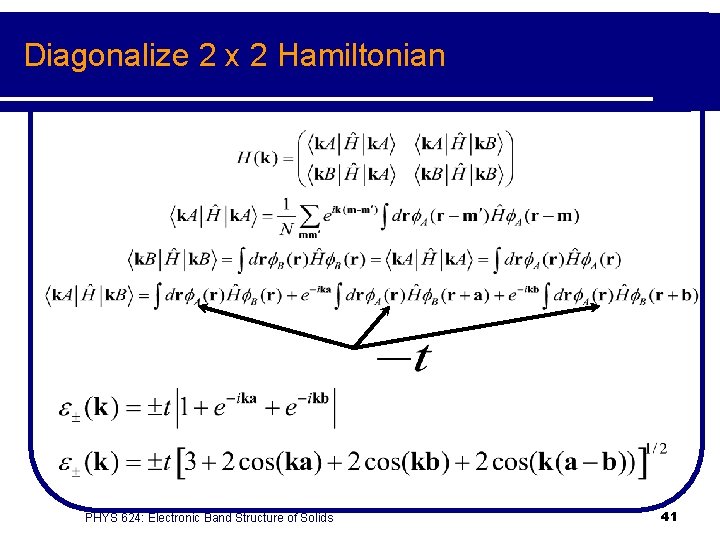 Diagonalize 2 x 2 Hamiltonian PHYS 624: Electronic Band Structure of Solids 41 