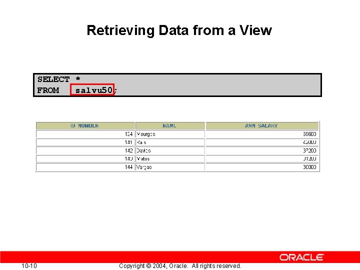 Retrieving Data from a View SELECT * FROM salvu 50; 10 -10 Copyright © Retrieving Data from a View SELECT * FROM salvu 50; 10 -10 Copyright ©