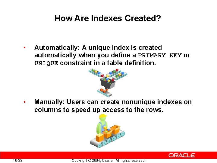 How Are Indexes Created? 10 -33 • Automatically: A unique index is created automatically How Are Indexes Created? 10 -33 • Automatically: A unique index is created automatically