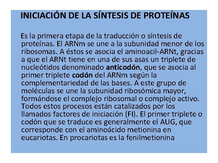 INICIACIÓN DE LA SÍNTESIS DE PROTEÍNAS Es la primera etapa de la traducción o